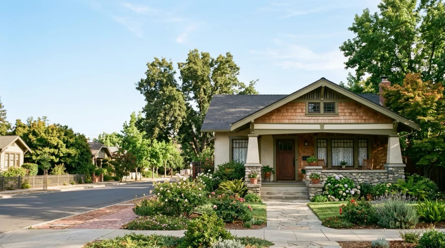 An early-1900s craftsman bungalow on an inland Central California street — San Juan Bautista, California service area