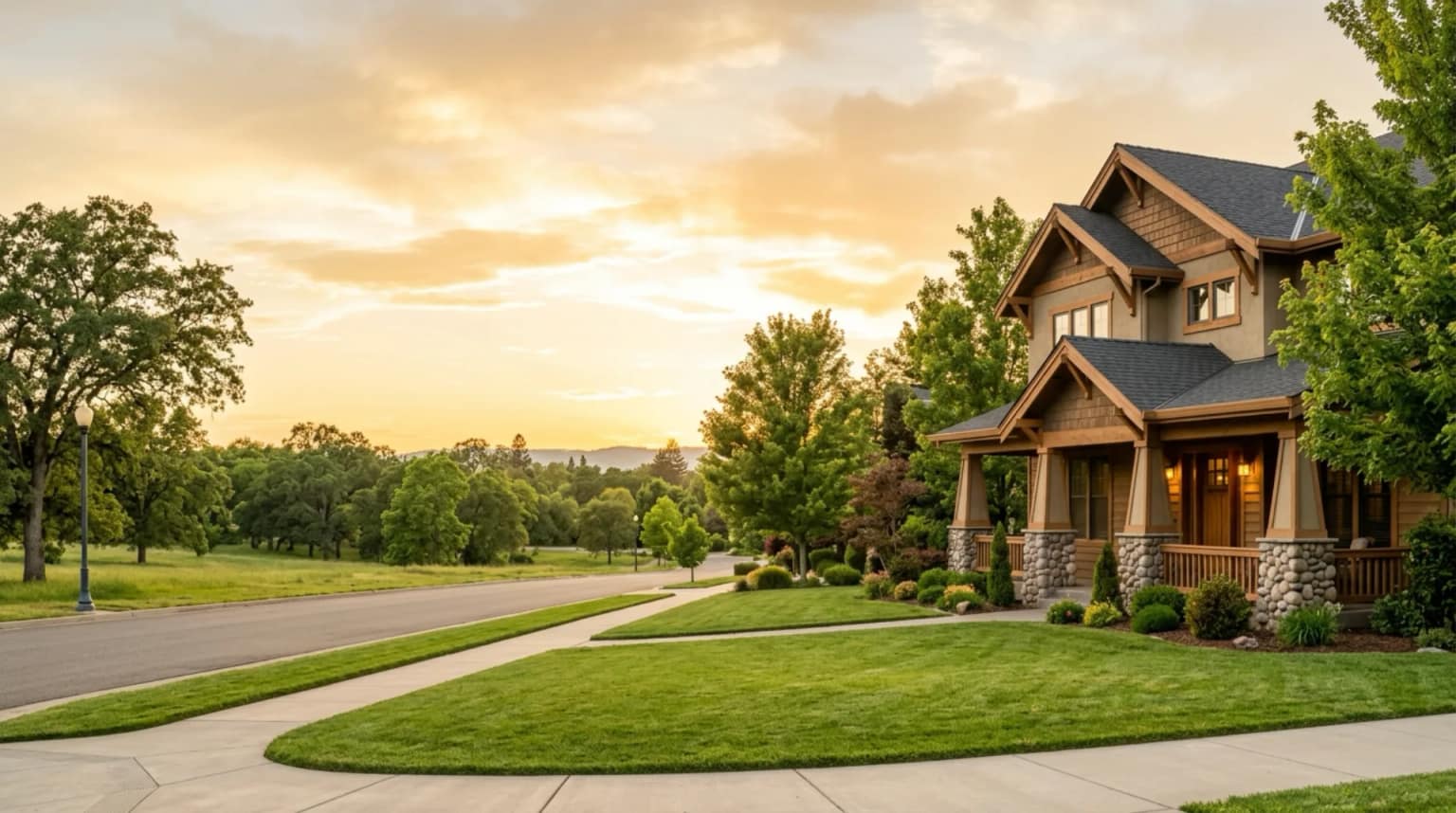 A California craftsman-style home at golden hour in a Central California neighborhood