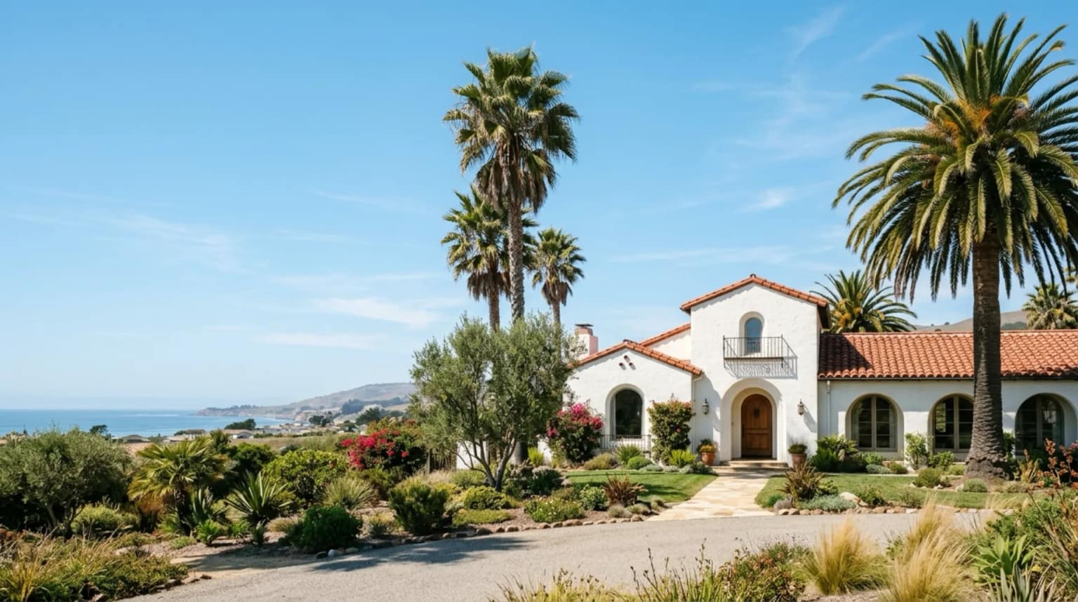 A Spanish Mission-style stucco home in a coastal California town