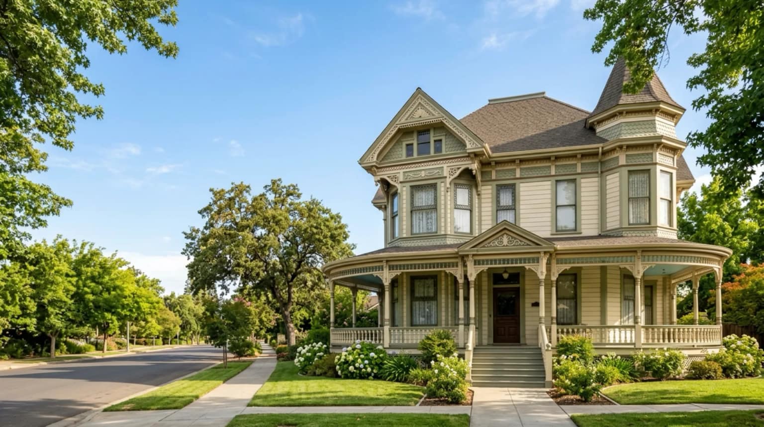 A restored Victorian home on a tree-lined Central California street