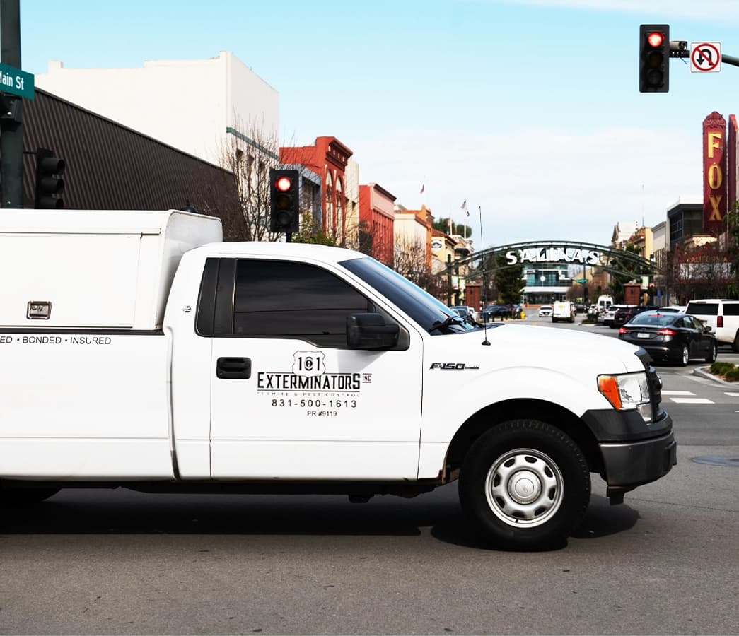 101 Exterminators service truck arriving for a pest prevention inspection in Salinas, CA