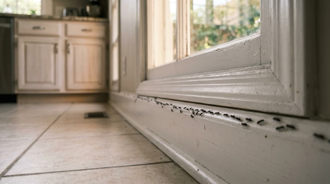 A trail of small dark ants running along the painted trim beneath a kitchen window, close to the joint where the trim meets the sill.