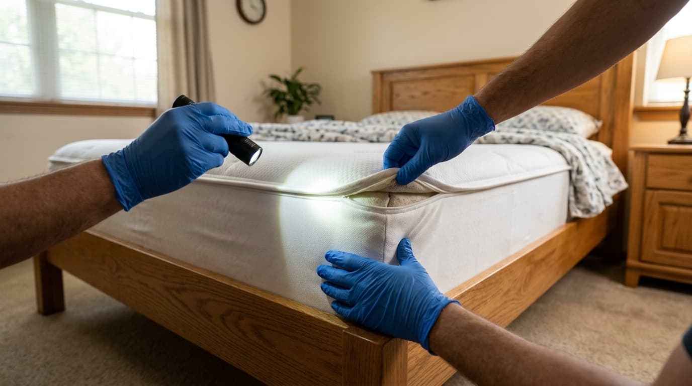 Two technicians in blue gloves work along the piped seam of a stripped mattress, one lifting the cover while the other rakes a flashlight beam across the fabric.