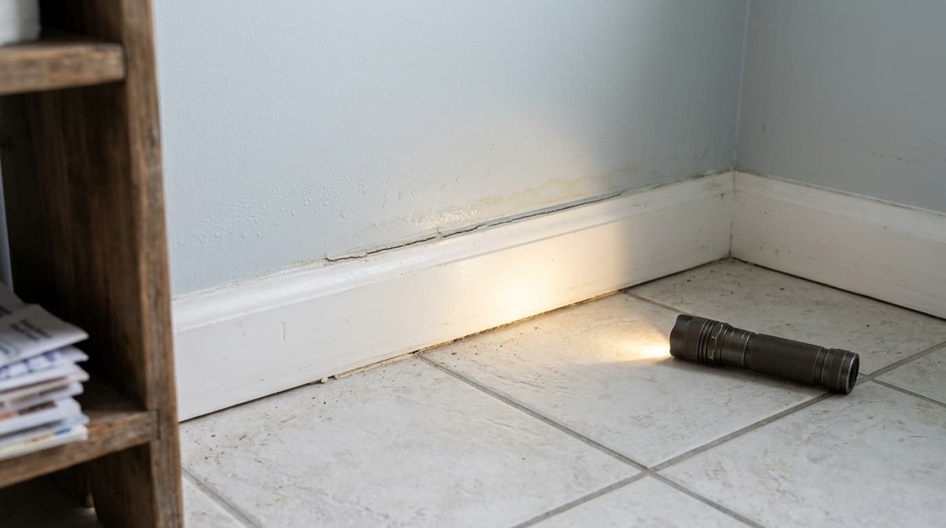 A flashlight lying on a tile floor lights a bathroom corner where the baseboard has pulled away from a wall marked with moisture staining.