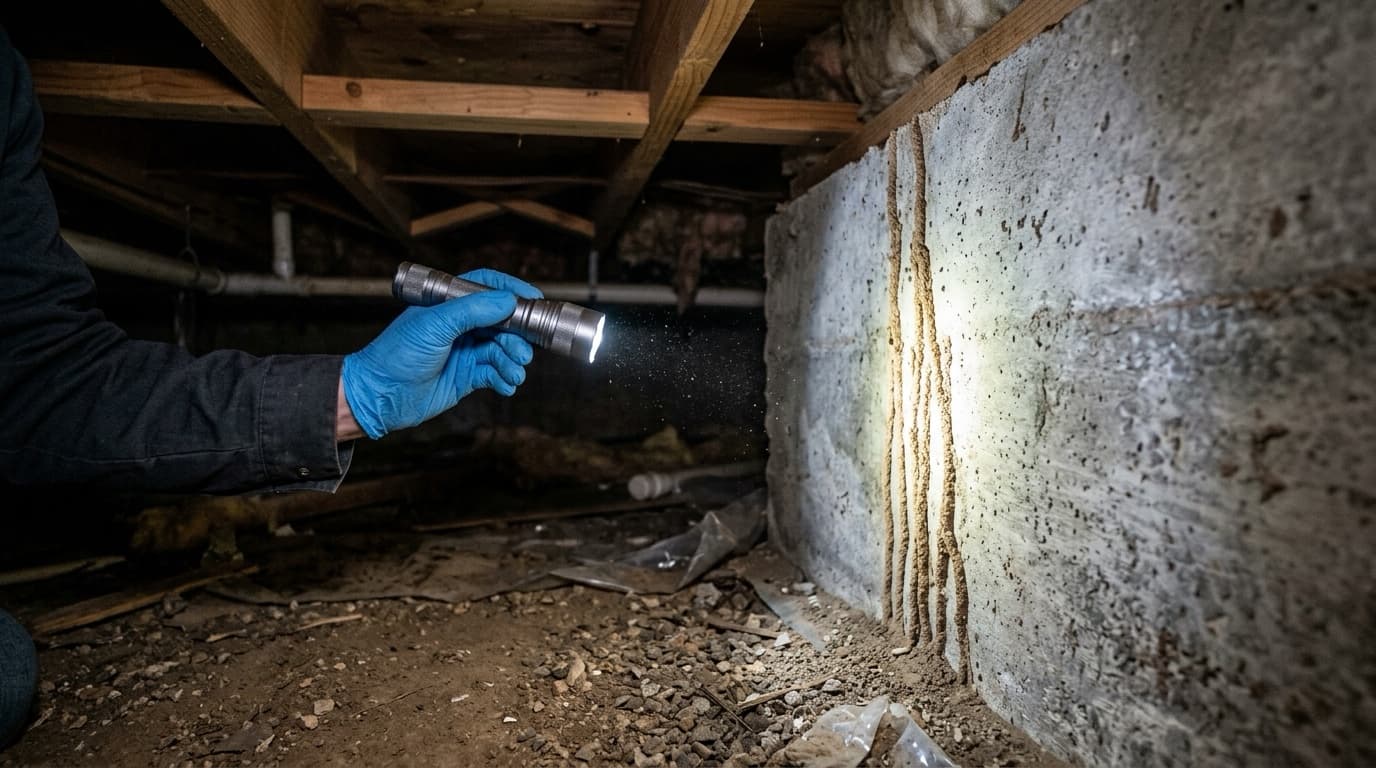 A gloved inspector shines a flashlight on a band of narrow, pencil-width earthen termite mud tubes running up a concrete foundation wall in a residential crawlspace.
