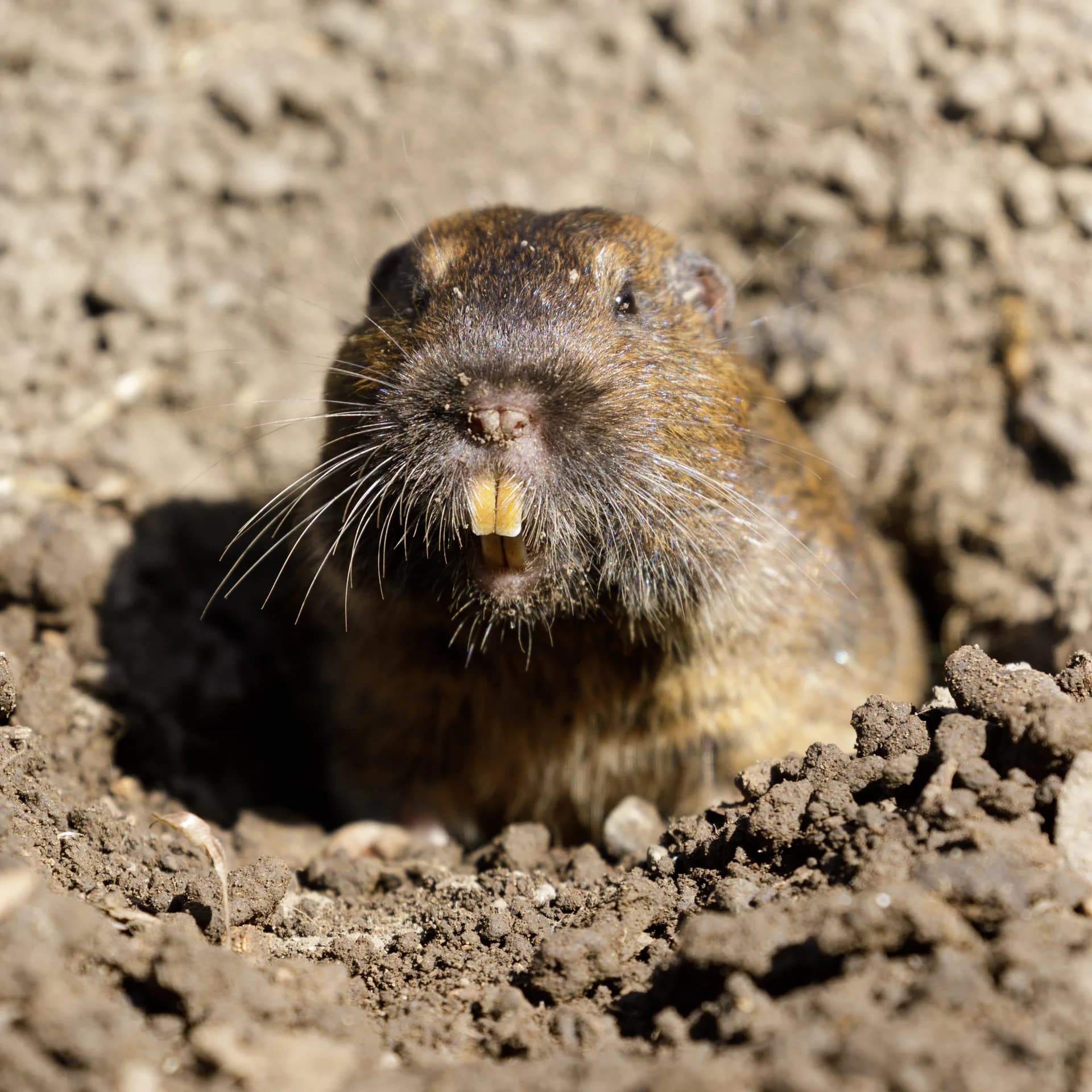 Pocket gopher emerging from burrow — Gonzales, CA agricultural properties face year-round gopher and pest pressure from nearby fields