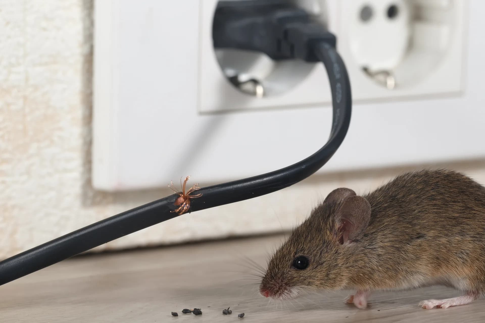 Mouse next to chewed electrical cable — rodents create fire hazards in California homes
