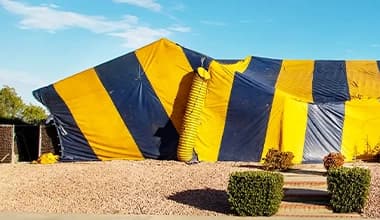 Home being fumigated by 101 Exterminators — yellow and black striped tent