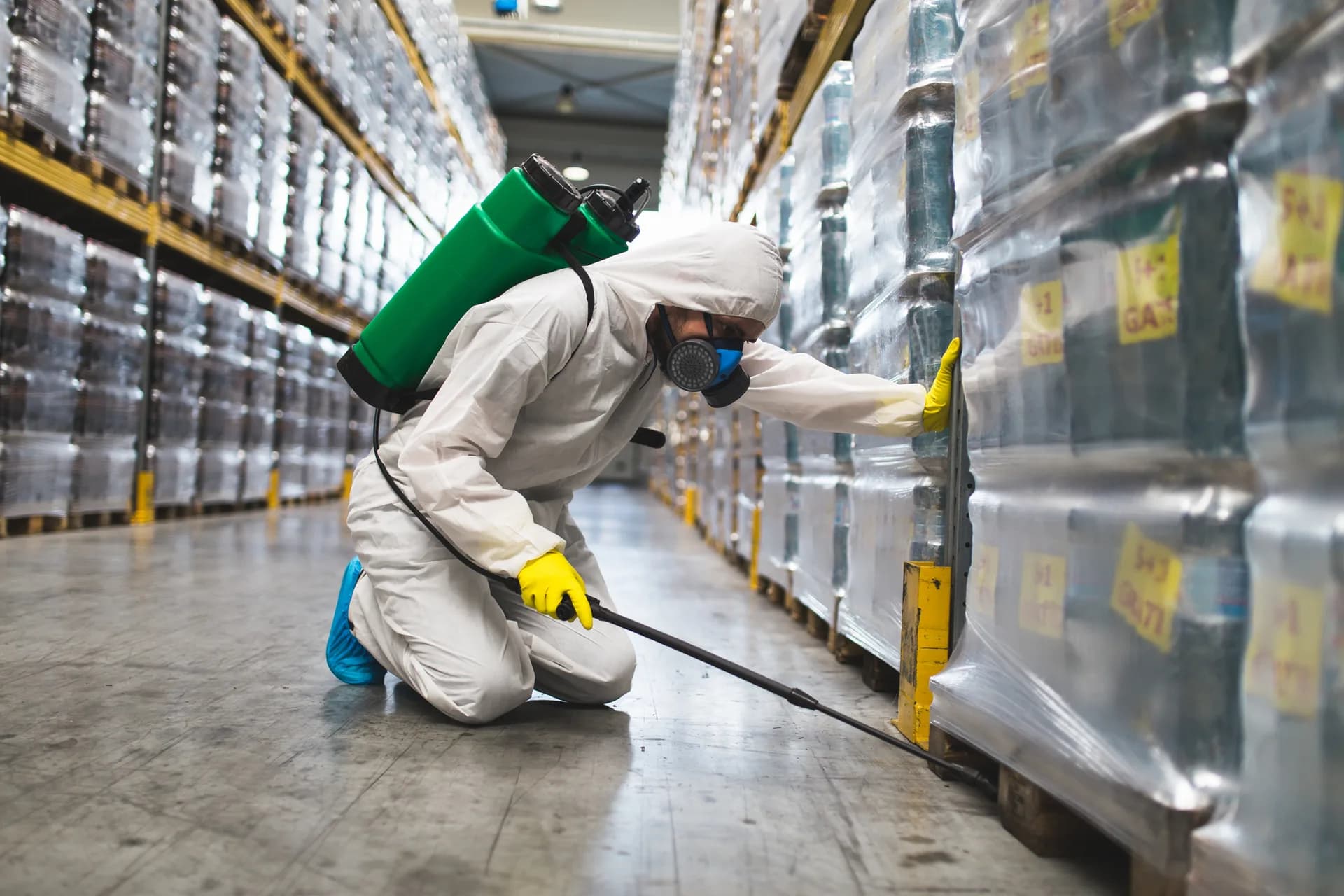 Commercial pest control technician servicing a restaurant kitchen in Salinas, CA