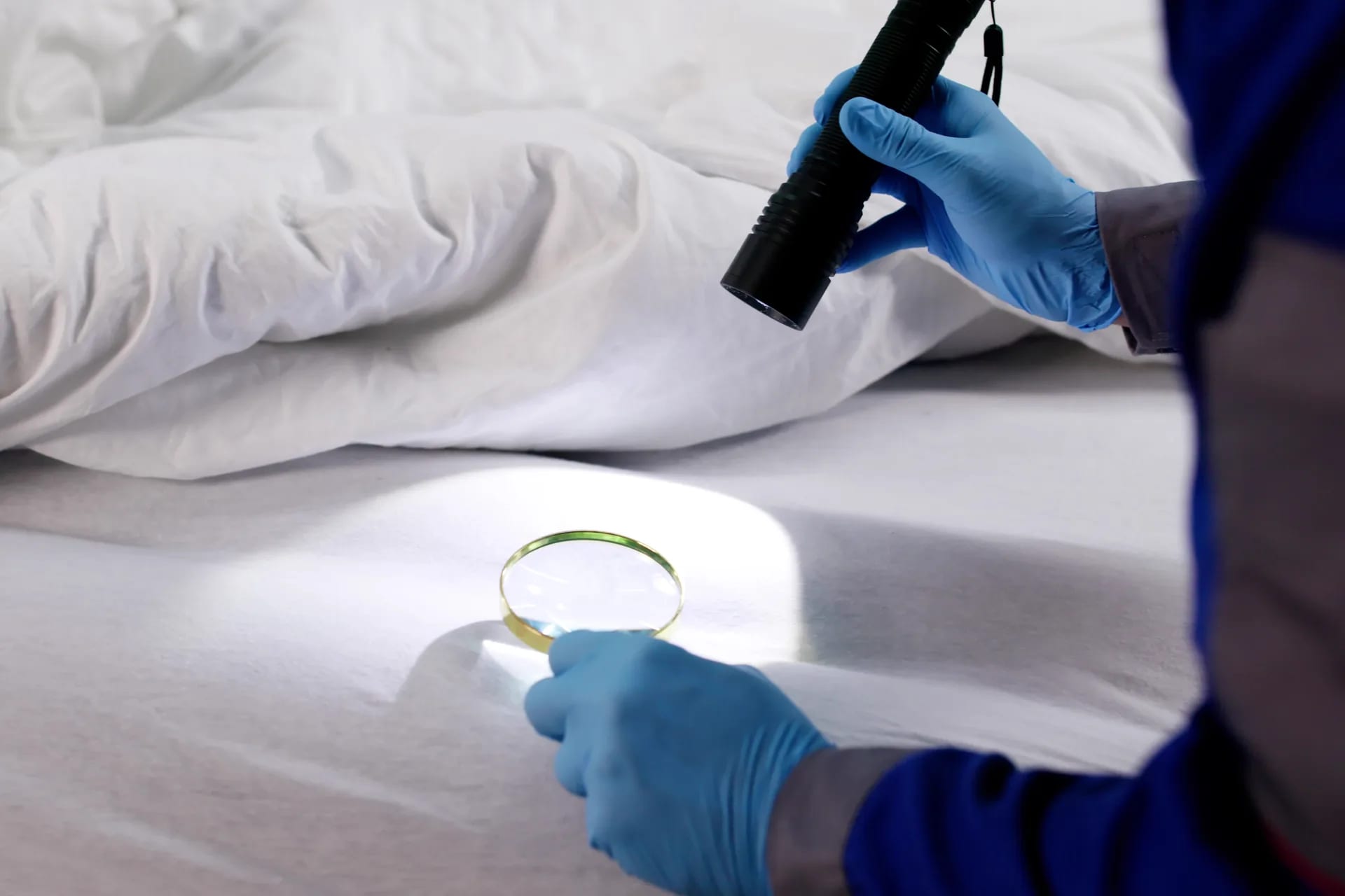 Pest control inspector examining mattress for bed bugs with flashlight and magnifying glass