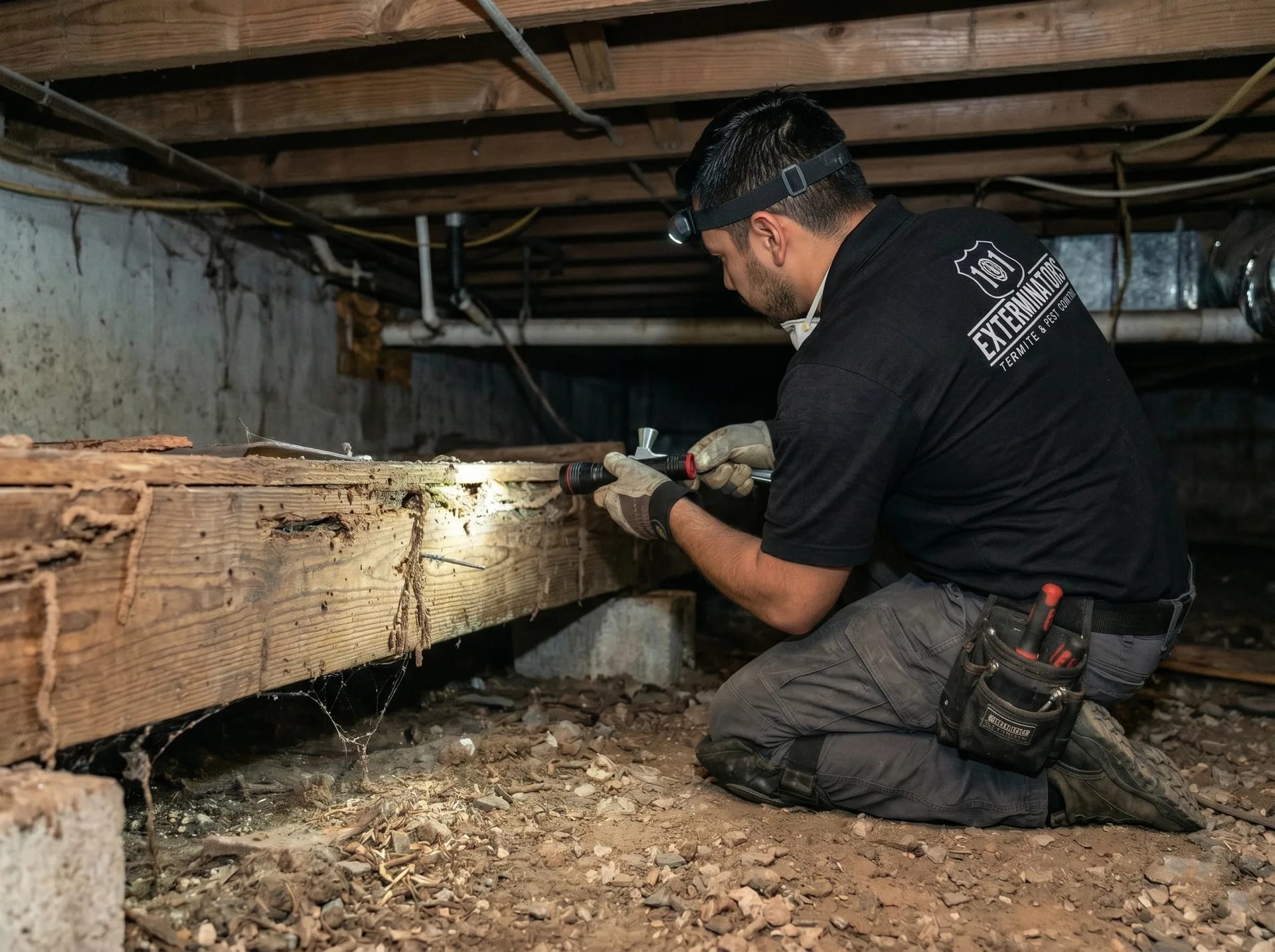 Licensed termite inspector in crawl space performing WDO inspection for real estate