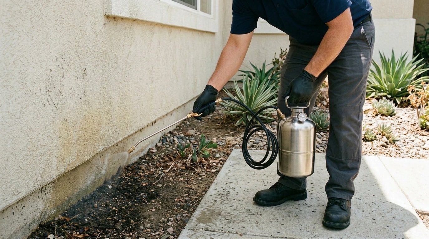 101 Exterminators pest control technician applying a targeted exterior perimeter treatment