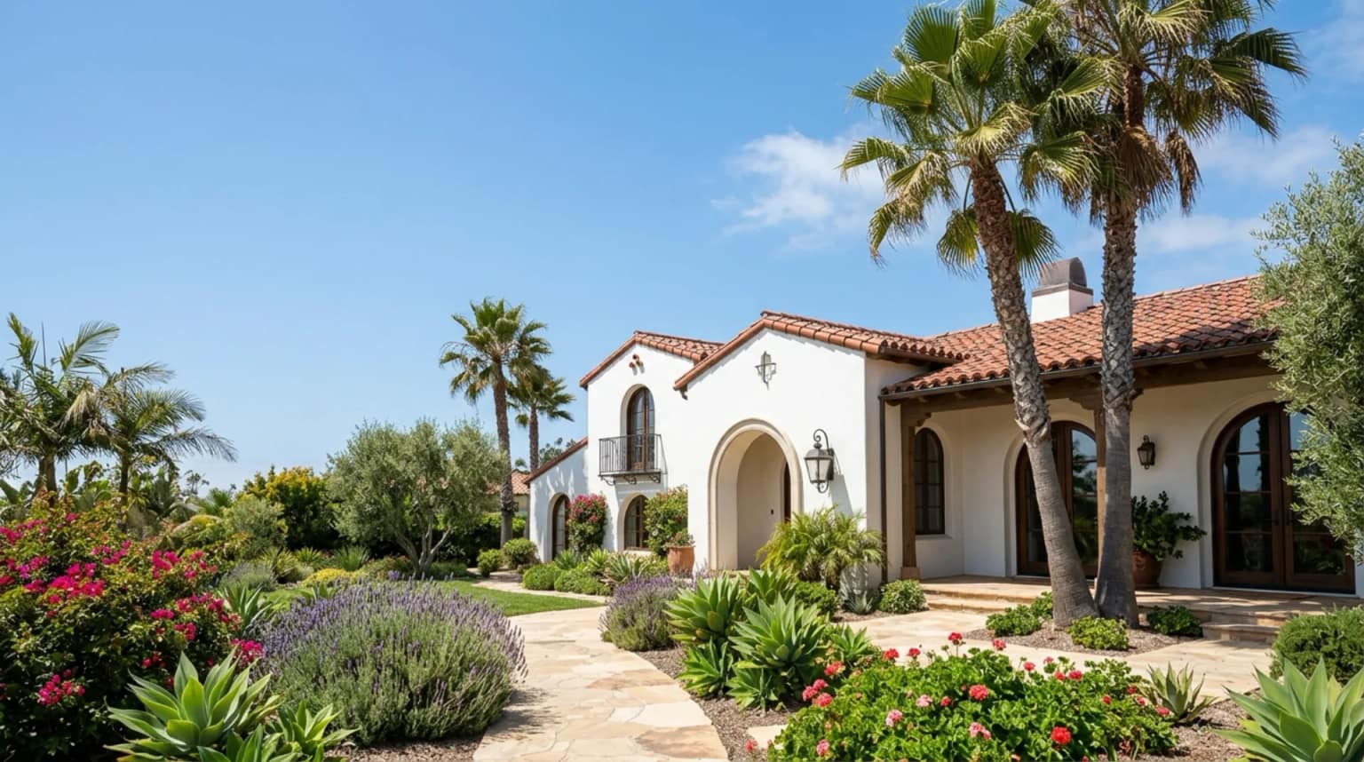 A Spanish Colonial Revival home with a red tile roof in California