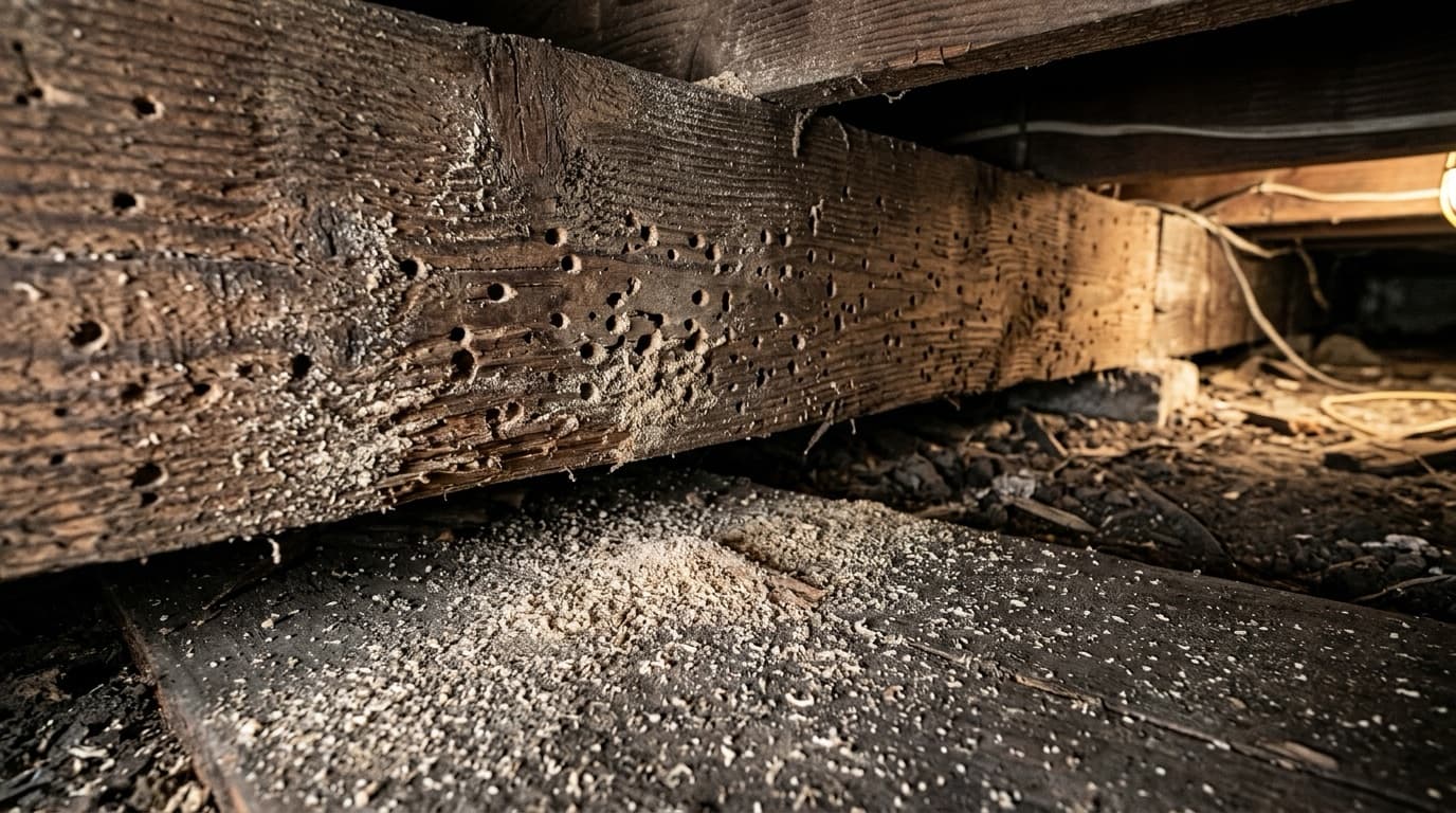 Close view of round beetle exit holes and pale powdery frass on an old wooden floor joist, with more frass fallen onto the boards below.