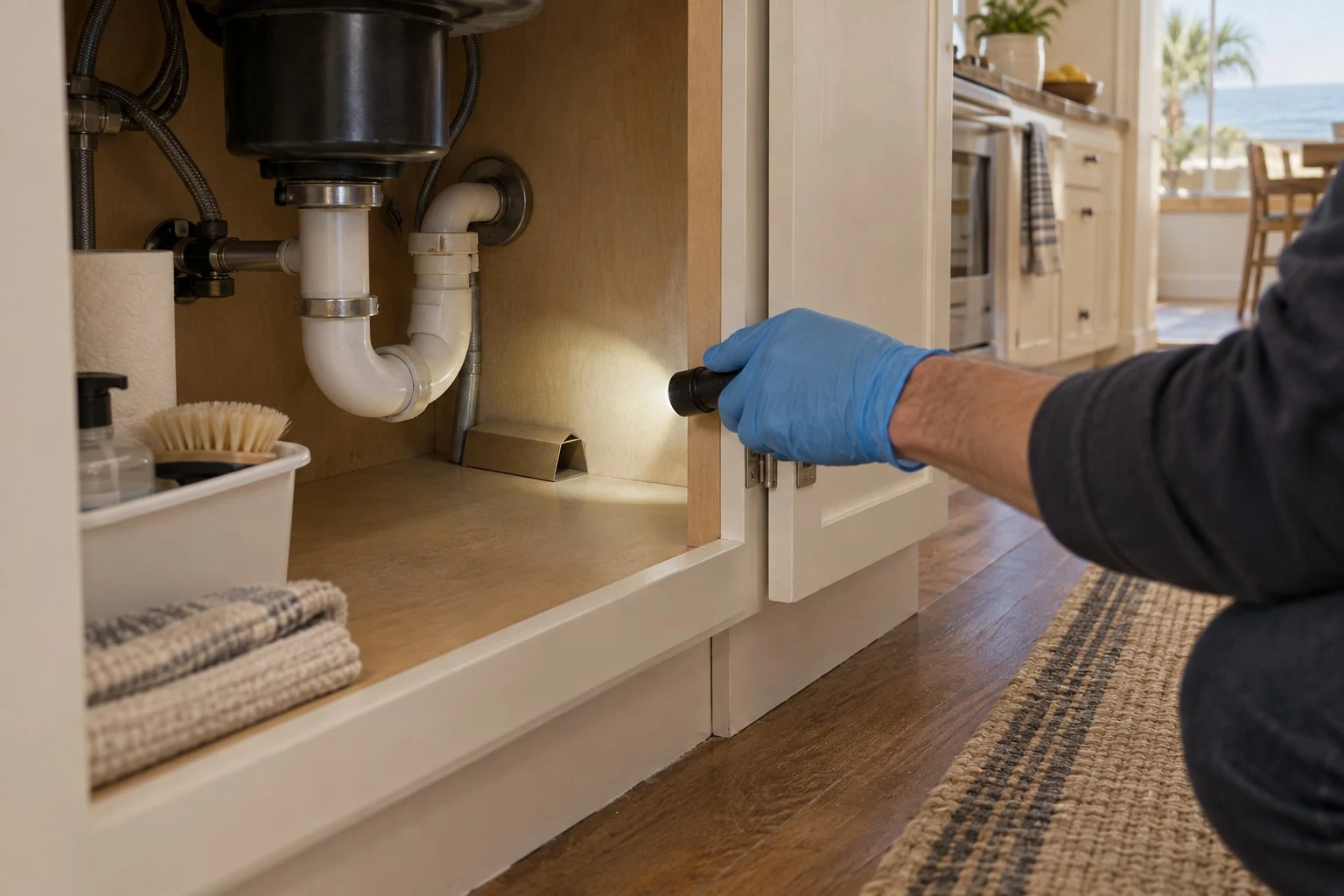 Gloved hand shines a flashlight into an under-sink cabinet beside an empty folded monitoring trap.