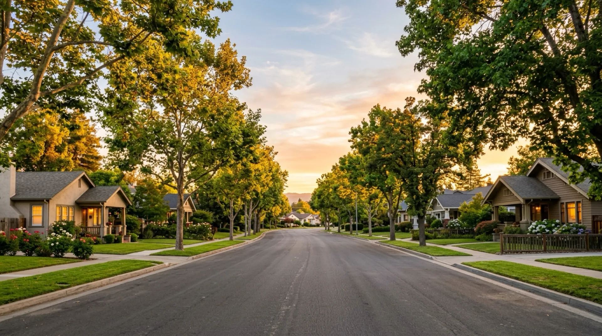 A peaceful Central California residential street lined with single-family homes — Los Altos Hills, California service area