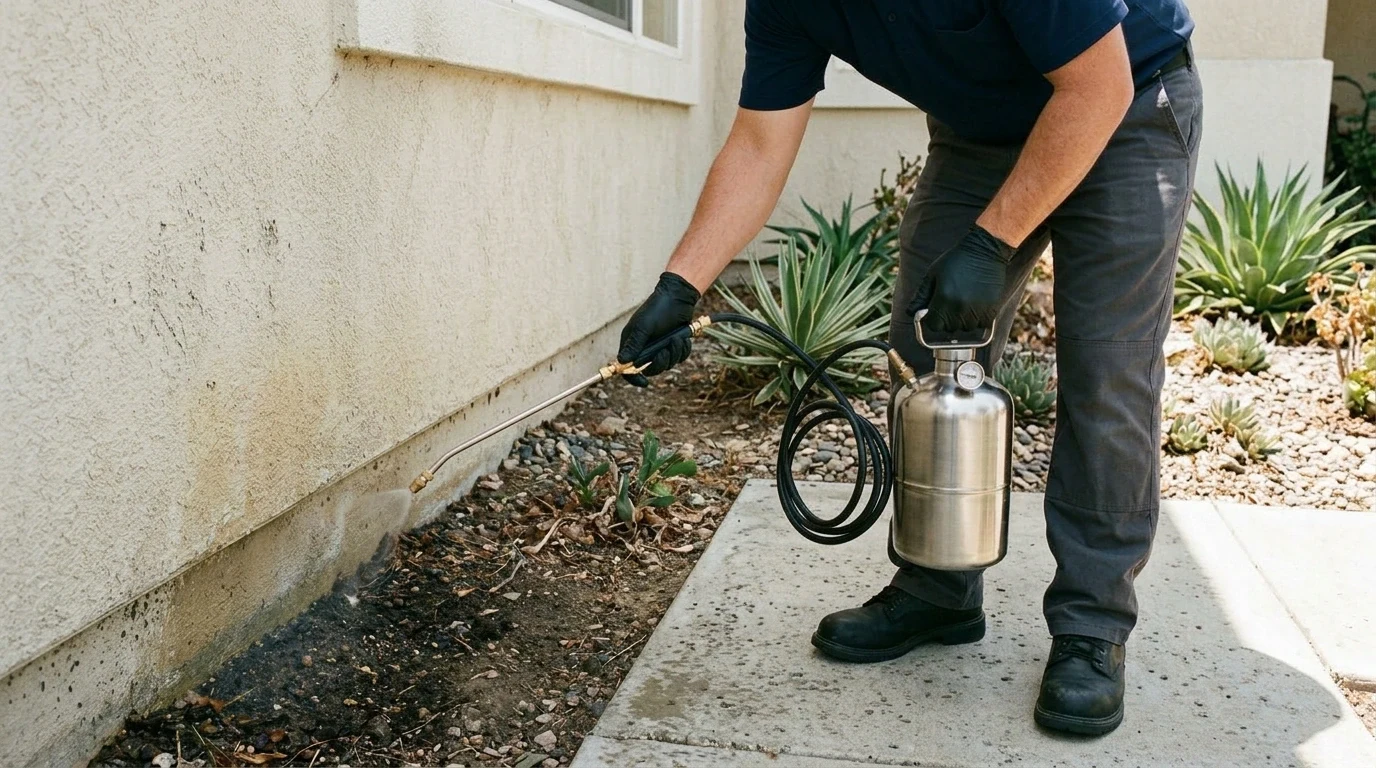 101 Exterminators pest control technician applying a targeted exterior perimeter treatment