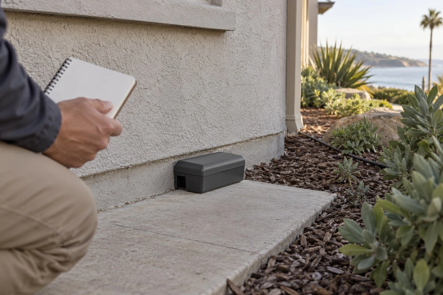 Person holding a blank notebook beside a closed perimeter monitoring station at a coastal home’s foundation.