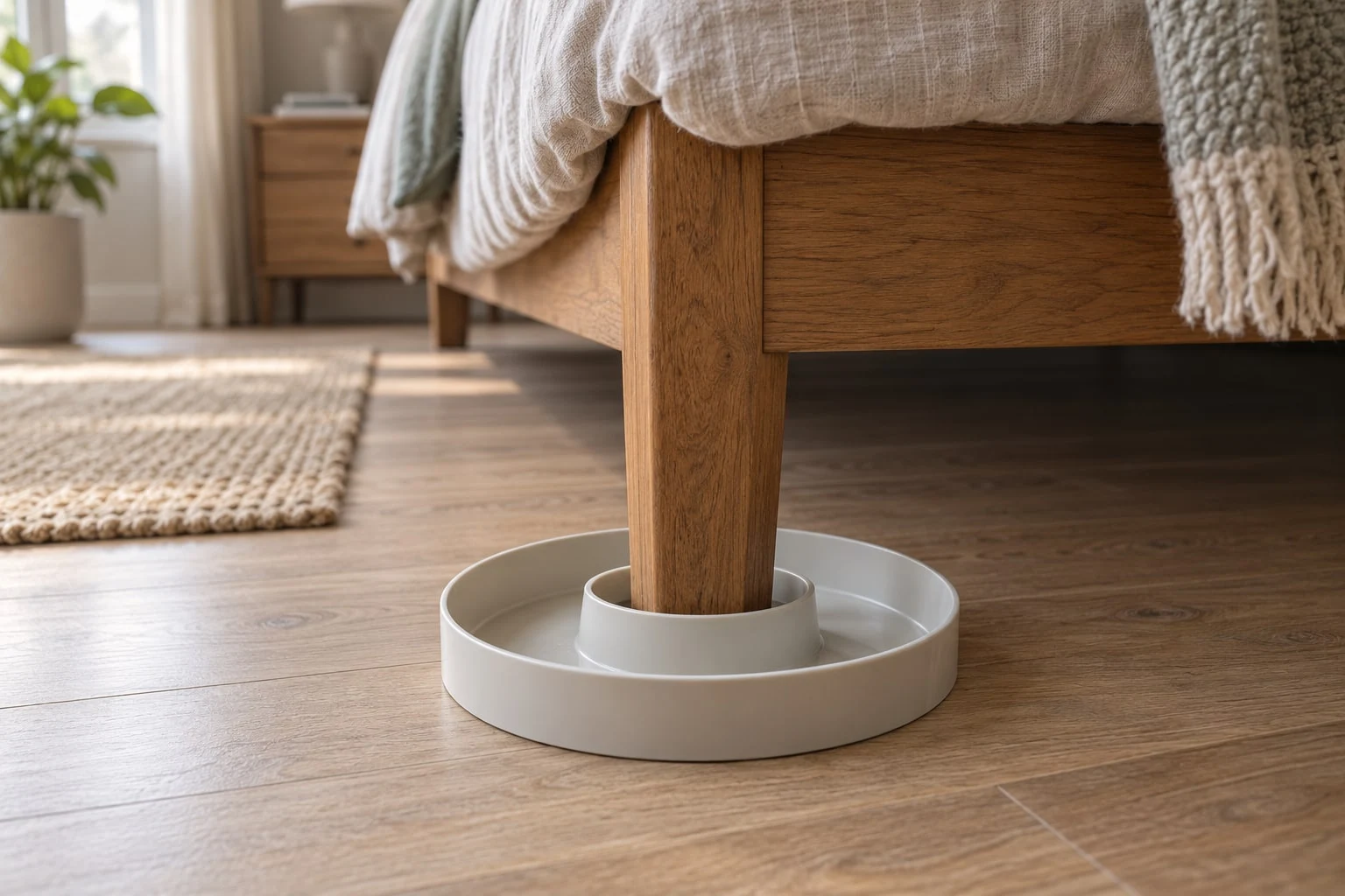 Wooden bed leg resting inside an empty two-wall interceptor cup in a bedroom.