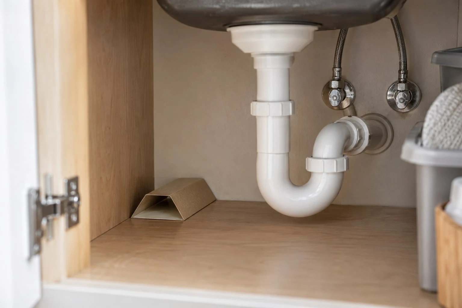 Empty folded cardboard monitoring trap set against the back wall of an under-sink cabinet.