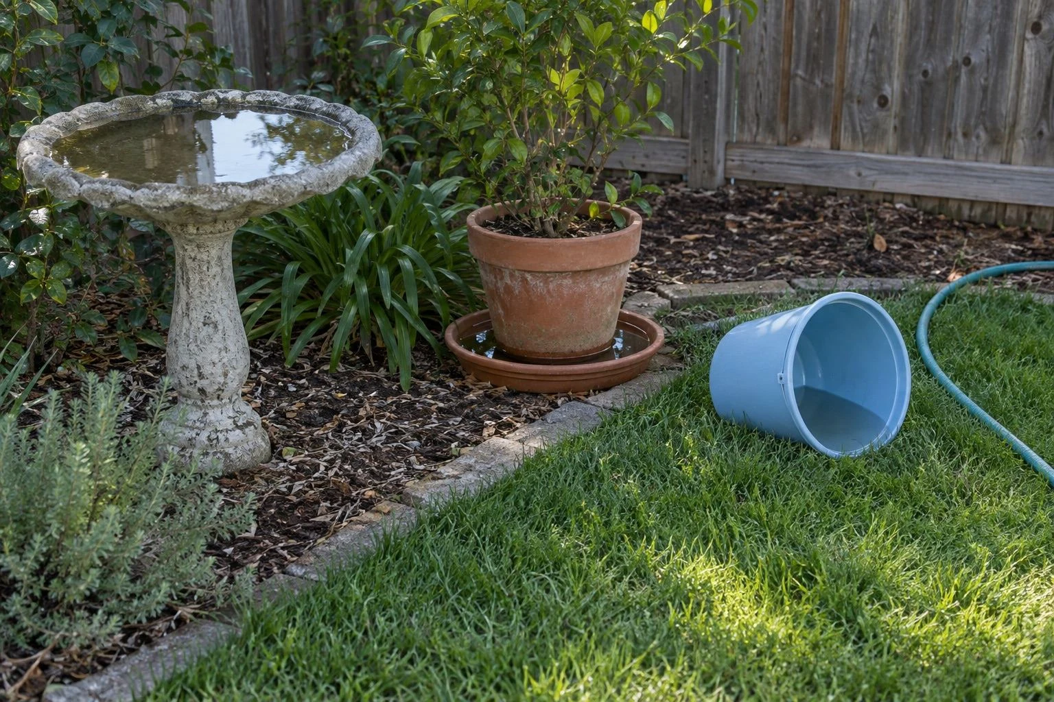 A backyard corner beside a wooden fence with still water sitting in a concrete bird bath and in the saucer under a potted shrub, and a blue bucket tipped over on the lawn next to a garden hose.