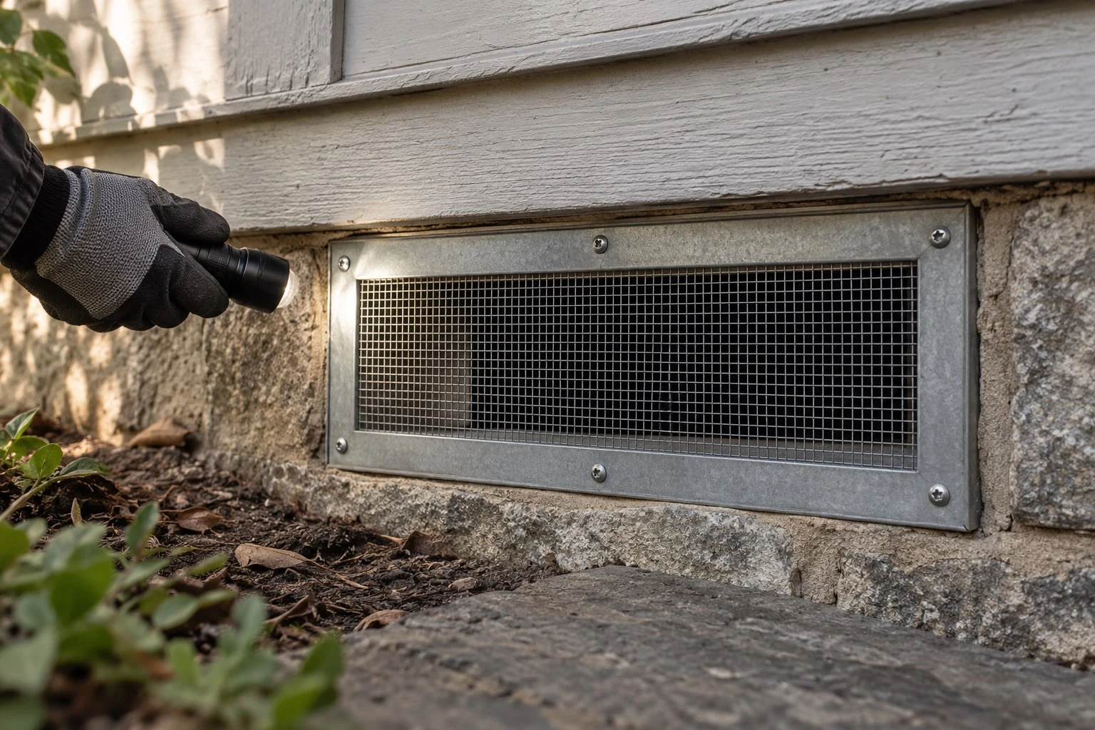 Gloved hand shining a flashlight across a secured metal mesh crawlspace vent on a home’s foundation.