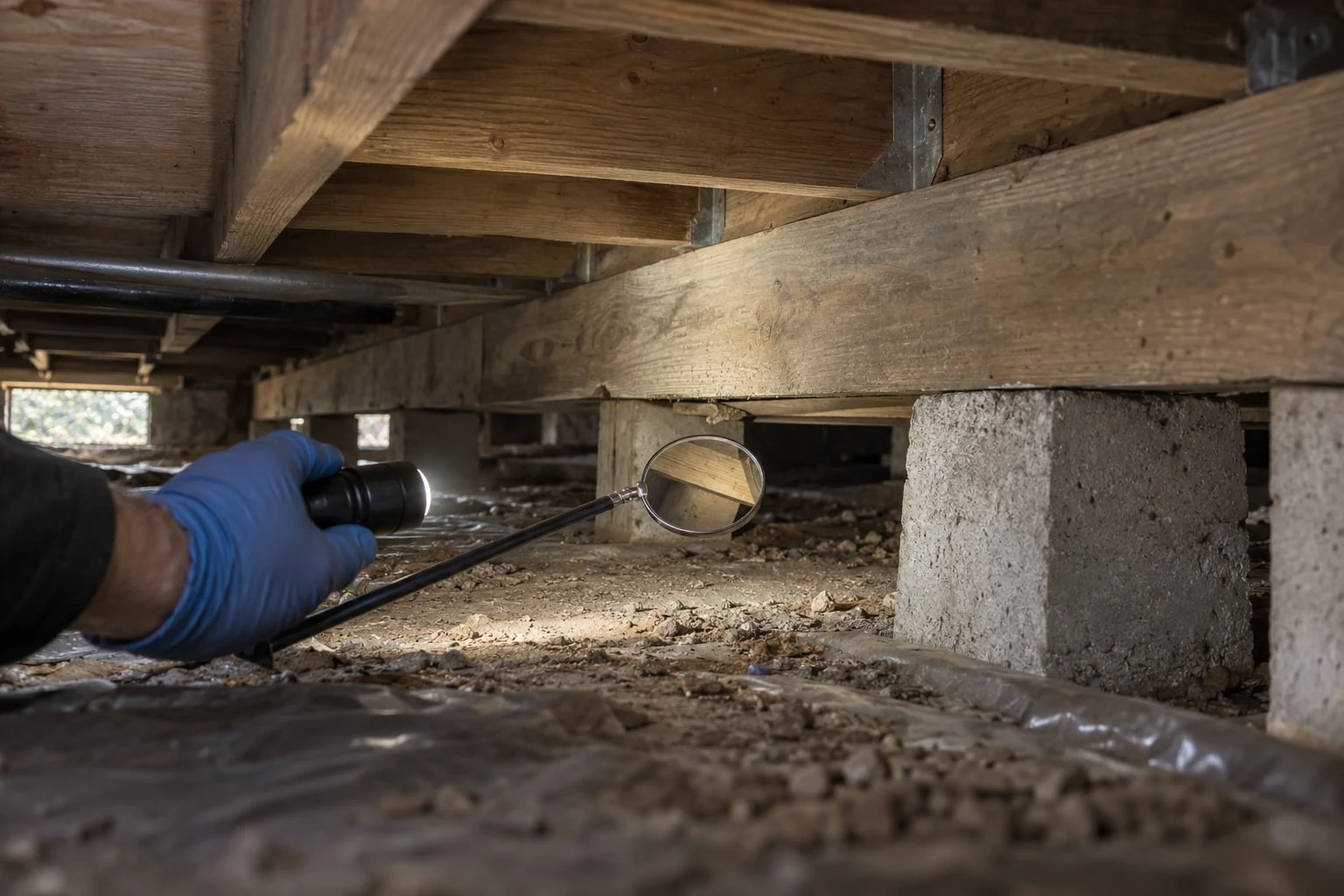 Illustration of an inspector using a mirror to view a wooden joist.