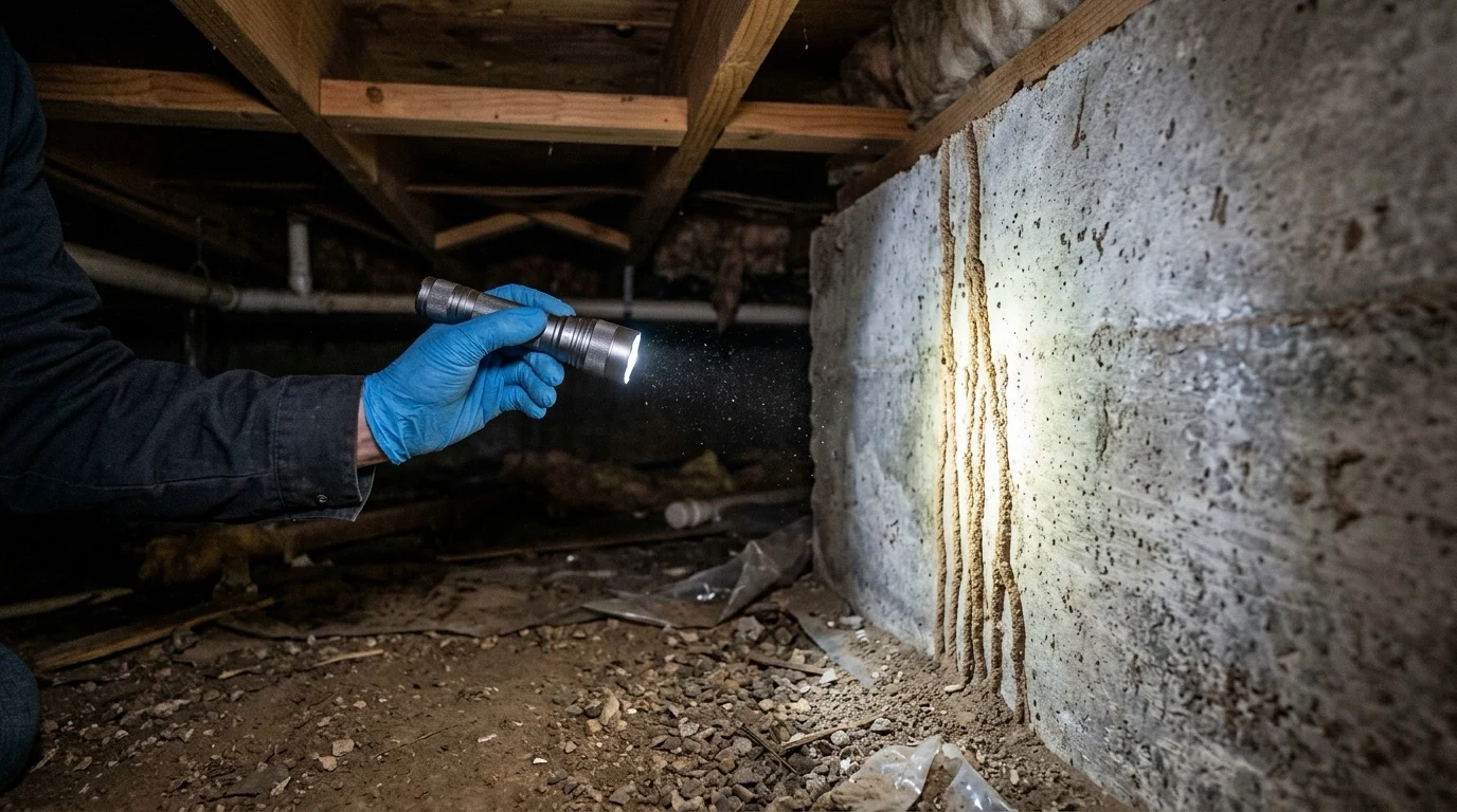 Illustrative view of mud tubes on a concrete foundation wall beside exposed framing.