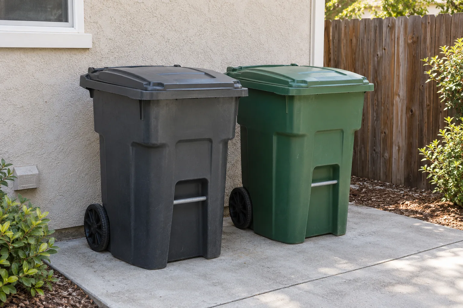 Two wheeled garbage carts with closed lids on a concrete pad beside a stucco wall