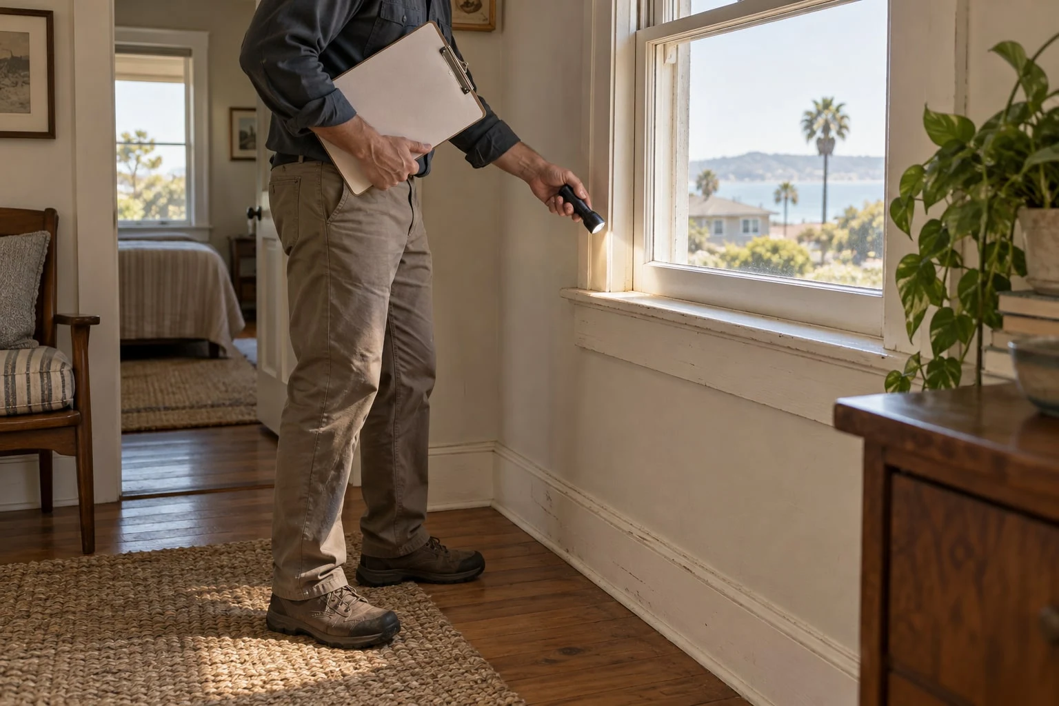 Inspector holding a blank clipboard and shining a flashlight along an interior window frame