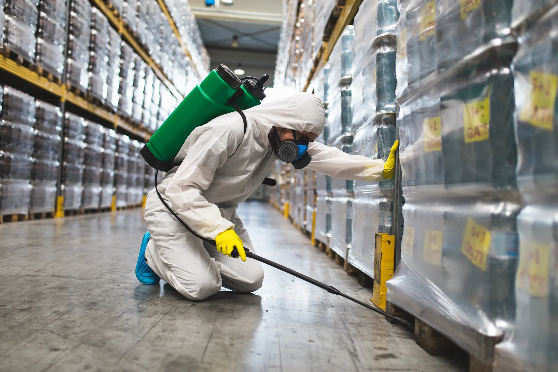 Commercial pest control technician servicing a restaurant kitchen in Salinas, CA